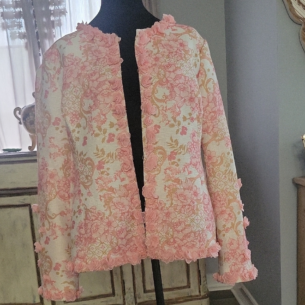 Boston Proper Pink and Cream Blazer with Ruffle Trim
